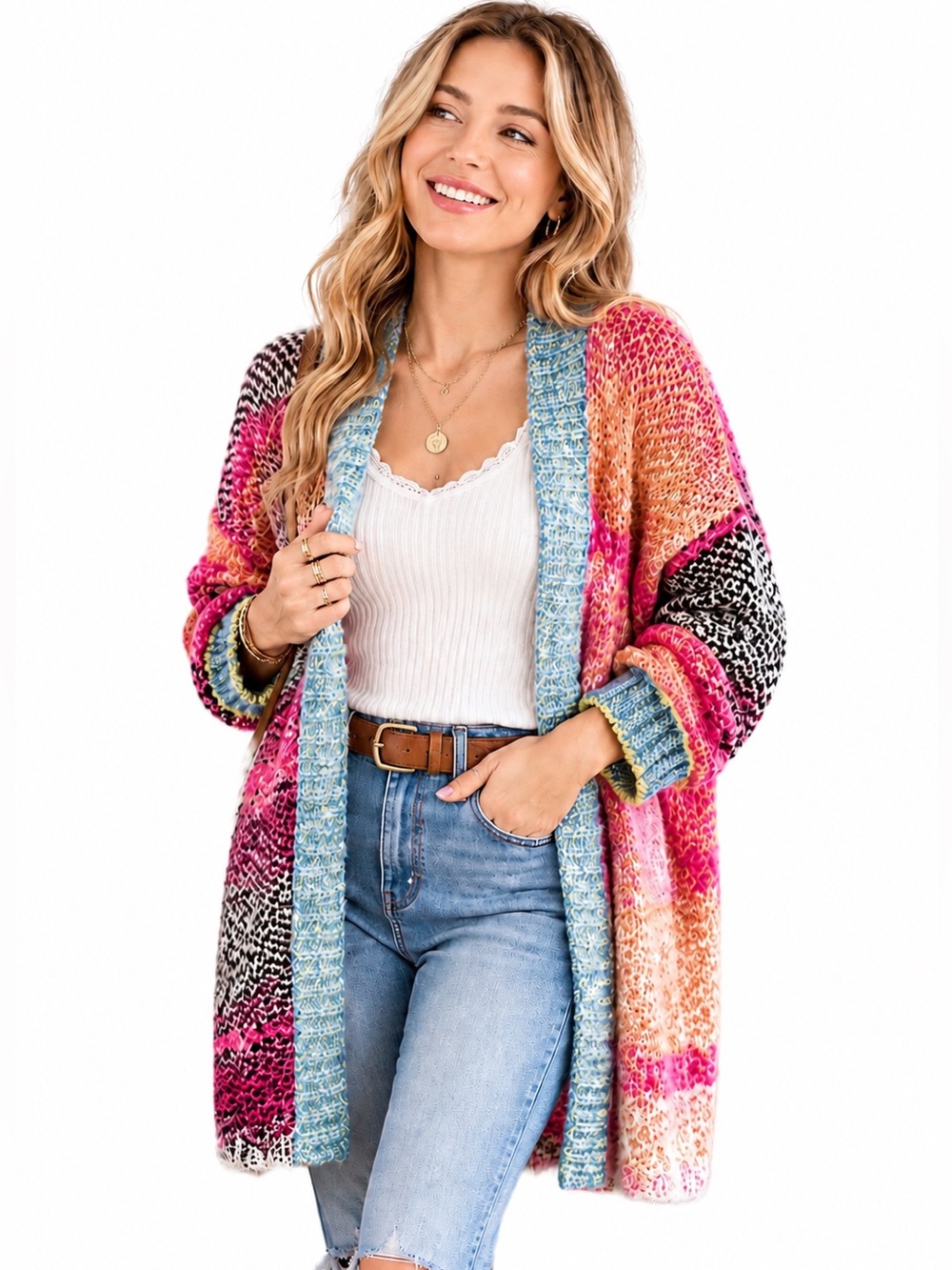 Free People Oversized Colorblock Open Cardigan Pink Blue Boho Cozy Size S‎